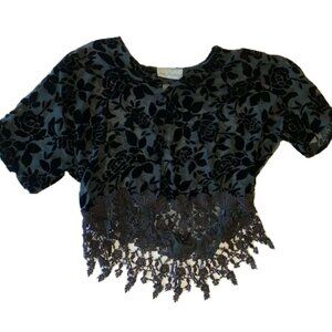 Jr Stevens Black Velvet Floral Lace Hem Short Sleeve Crop Top